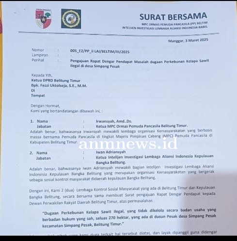 PP Beltim dan Intelijen Investigasi LAI Babel menunggu realisasi RDP di DPRD Beltim Masalah Perkebunan Sawit di IUP PT Timah Tbk di Desa Simpang Pesak